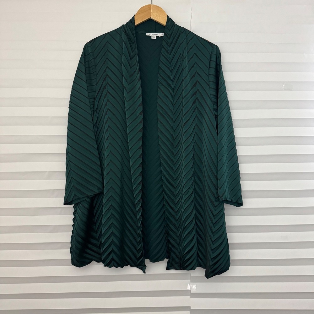 Chicos Emerald Green Chevron Pleated Open Front Cardigan Topper Size 2 Large - Picture 1 of 8